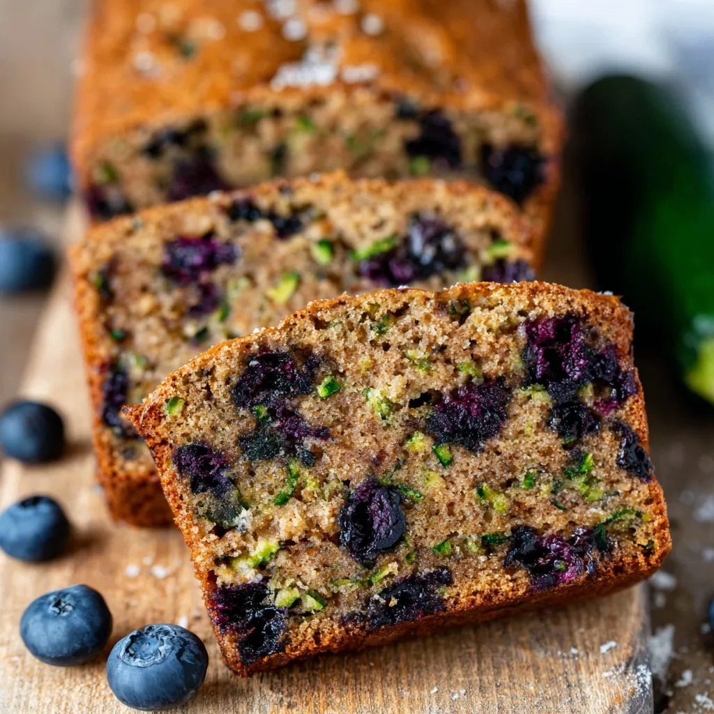 Moist blueberry zucchini bread slice. Healthy breakfast or snack idea.