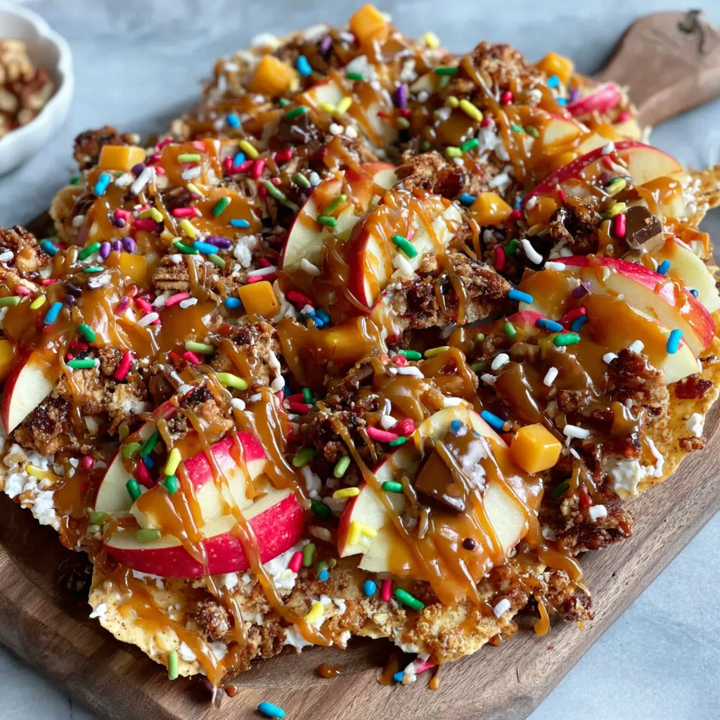 Caramel apple nachos: sliced apples topped with caramel, chocolate, and nuts.