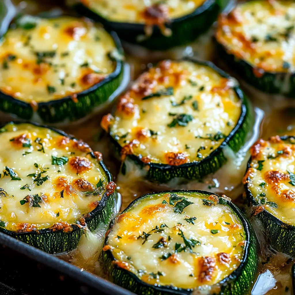 Cheesy garlic zucchini steaks on a plate. Vegetarian zucchini recipe.