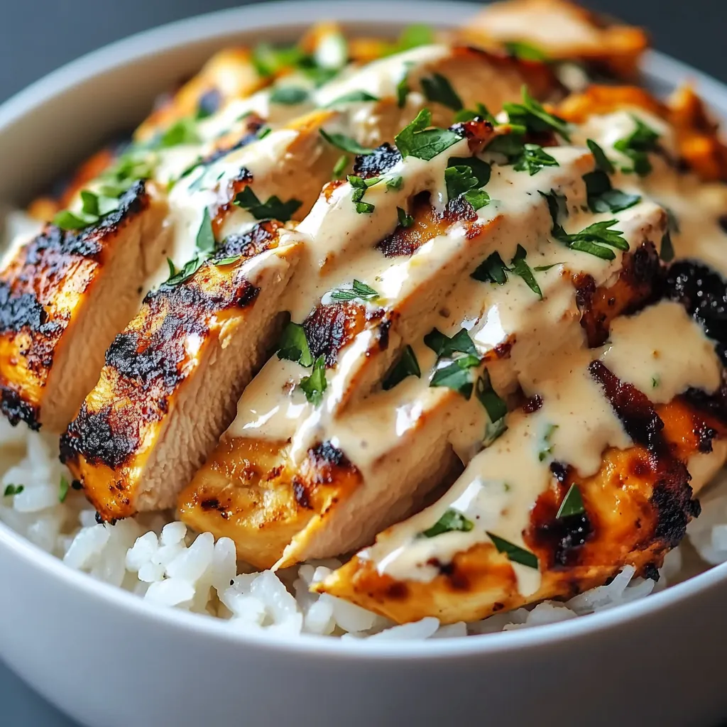 Chicken and rice bowl topped with creamy garlic sauce. Easy weeknight dinner!