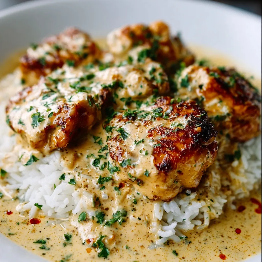 Creamy smothered chicken and rice in a skillet, a comforting weeknight dinner.