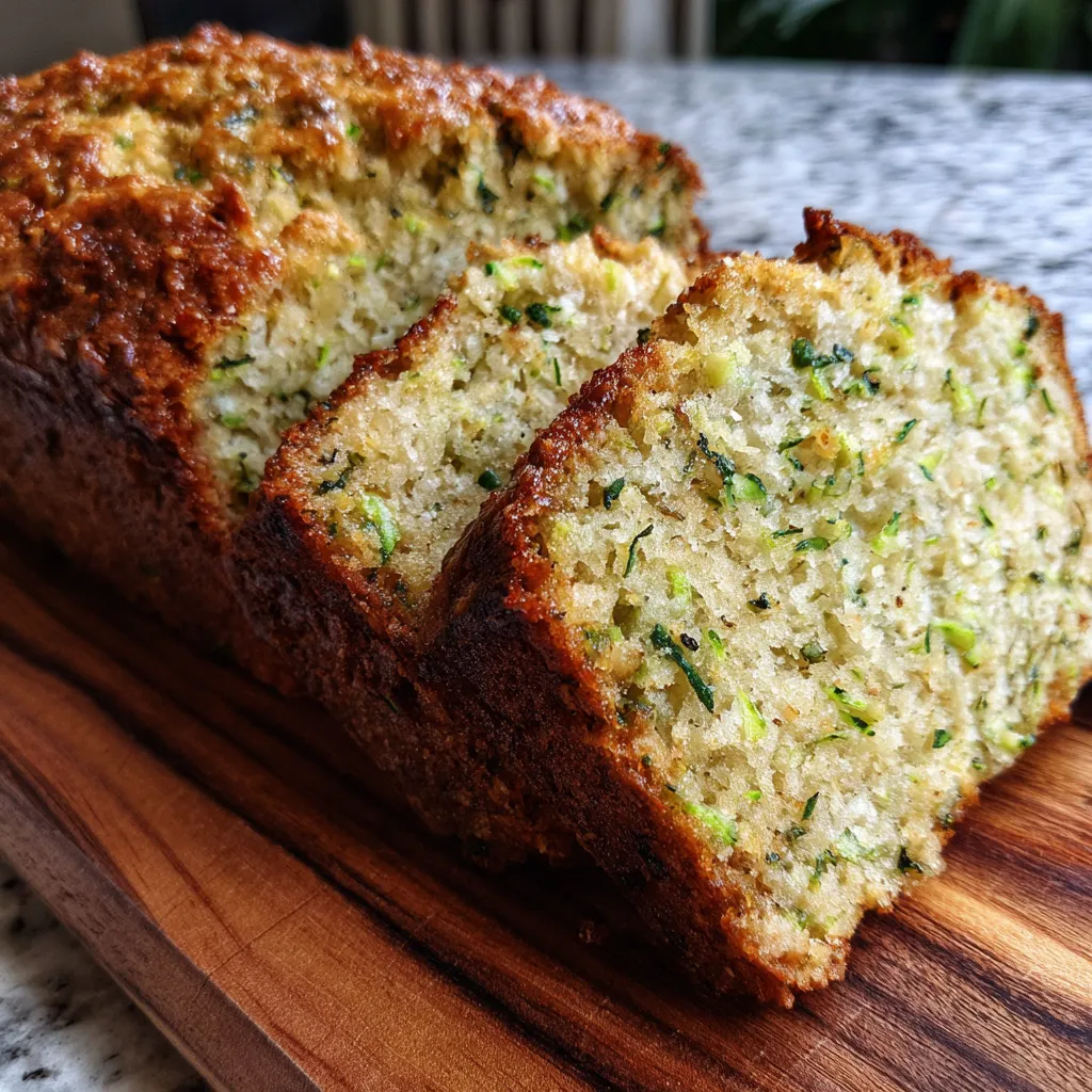 Keto zucchini bread slice on a plate. Low carb, moist texture visible.