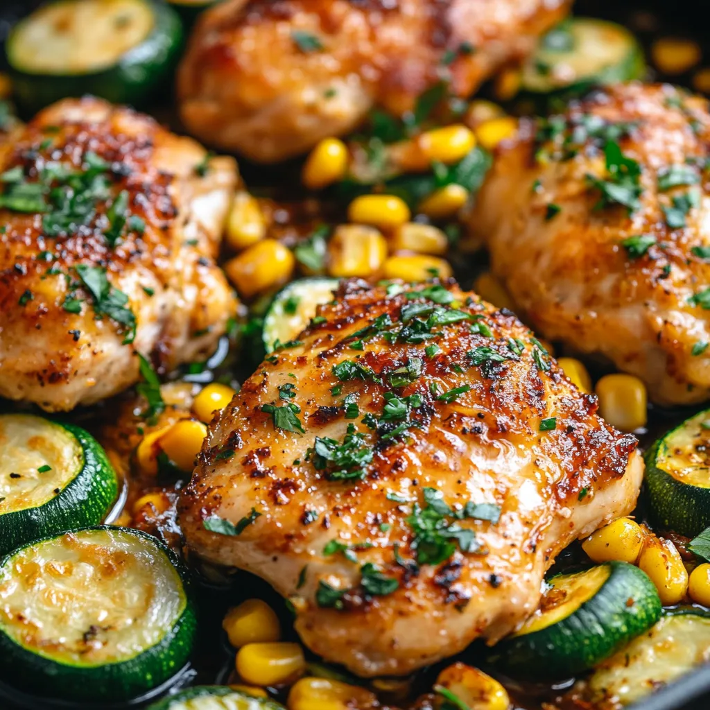 Savory garlic butter chicken with zucchini and corn. Summer dinner recipe.