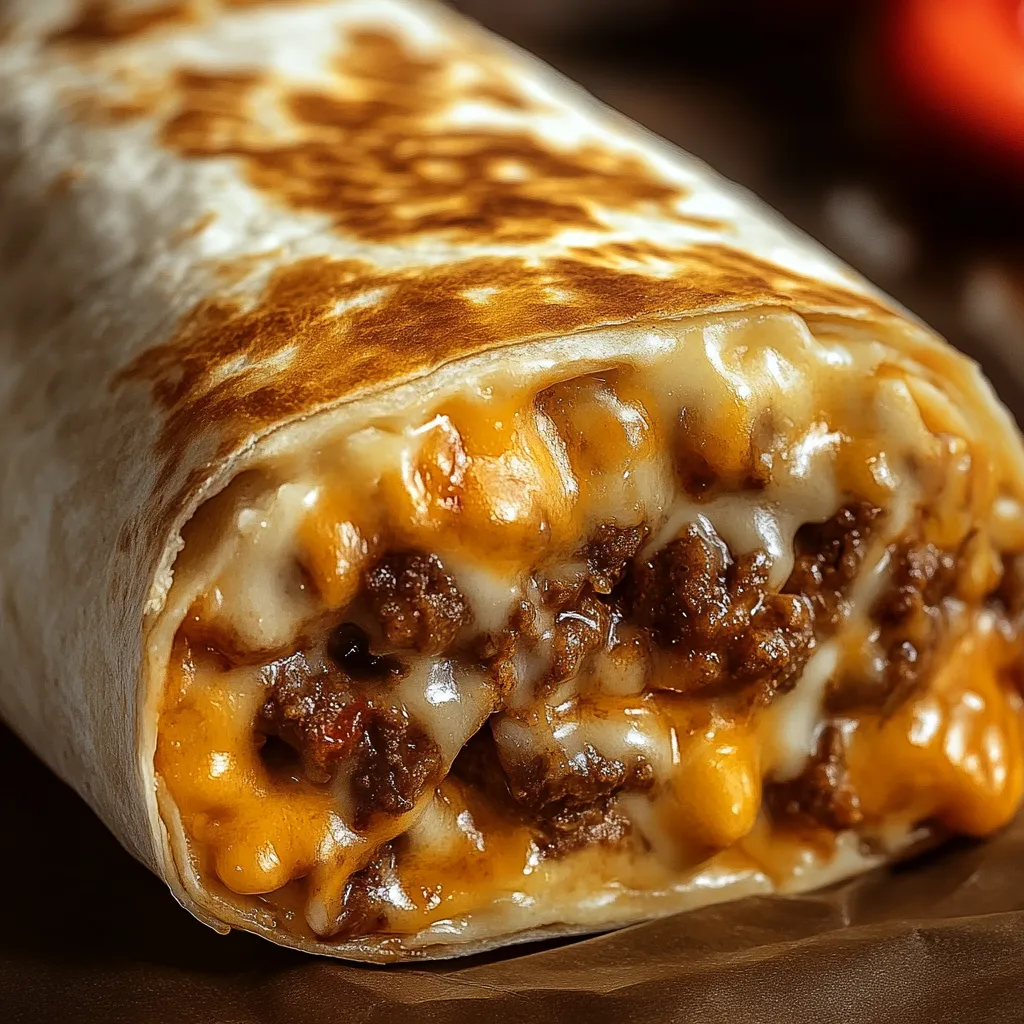 Taco Bell Beefy Melt Burrito close-up. Cheesy, beefy fast food deliciousness.