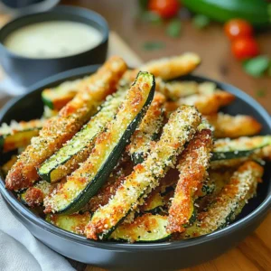 Crispy parmesan zucchini fries, a healthy snack idea, served with dipping sauce.