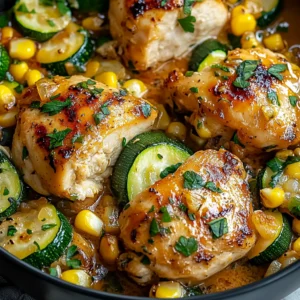 Savory garlic butter chicken with zucchini and sweet corn, ready to eat.