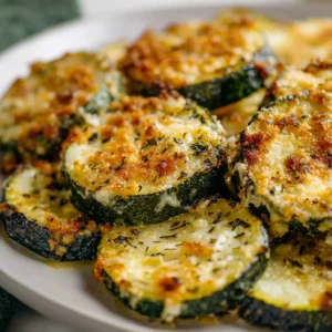 Baked parmesan zucchini slices, golden brown and crispy.