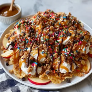 Caramel apple nachos: sliced apples with caramel, chocolate, nuts, and sprinkles.