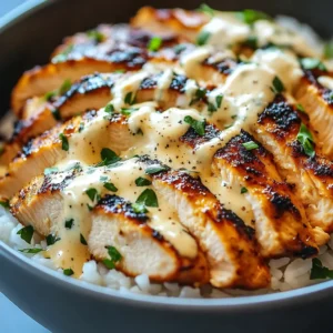 Chicken and rice bowl with creamy garlic sauce. Easy weeknight dinner recipe.
