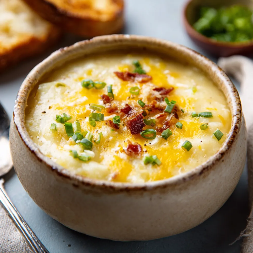 Creamy baked potato soup in a bowl, ready to eat.