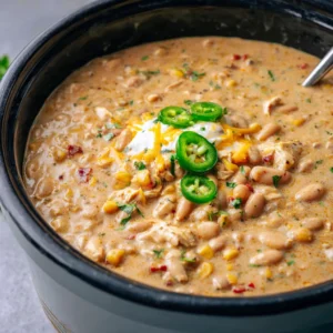 Creamy white chicken chili in a slow cooker. Easy dump and forget dinner recipe.