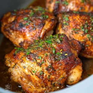 Crispy crockpot chicken thighs, ready to eat. Easy recipe shown.