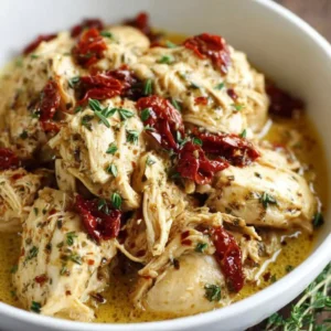 Crockpot Marry Me Chicken simmering in a slow cooker. Creamy tomato sauce.