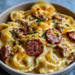 Crockpot pierogi casserole with kielbasa, ready to serve.
