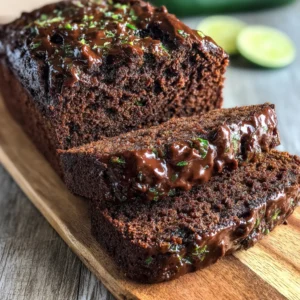 Double chocolate zucchini bread slice. Moist, fudgy, and delicious!