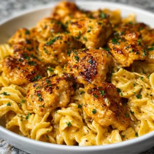 Garlic butter chicken bites with creamy pasta, weeknight dinner.