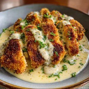 Parmesan crusted chicken with creamy garlic sauce, ready to eat.