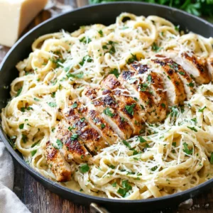 Parmesan garlic chicken pasta in a skillet. Easy one-pan meal.