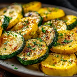 Roasted zucchini squash slices seasoned and ready to eat.