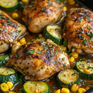 Garlic Butter Chicken with zucchini and corn. Summer dinner recipe.