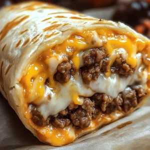 Taco Bell Beefy Melt Burrito close-up. Cheesy, beefy deliciousness!