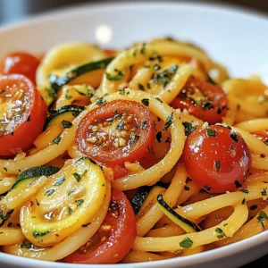 Tomato Zucchini Pasta: Close-up of summer vegetable pasta bowl.