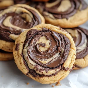 Close-up of irresistible peanut butter brownie swirl cookies, a decadent treat.