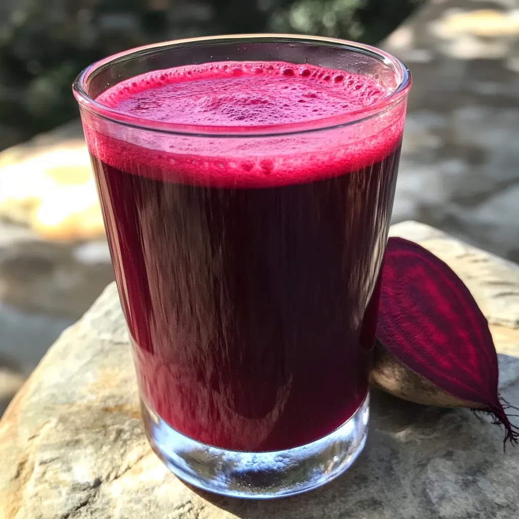 Vibrant red beet juice in glass. Healthy, refreshing drink.