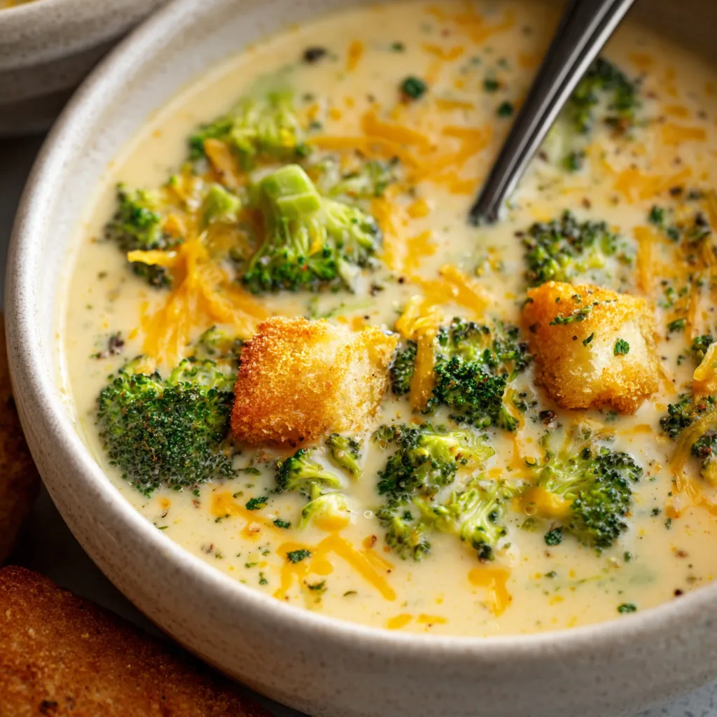 Creamy broccoli cheese soup in a white bowl. Delicious comfort food!