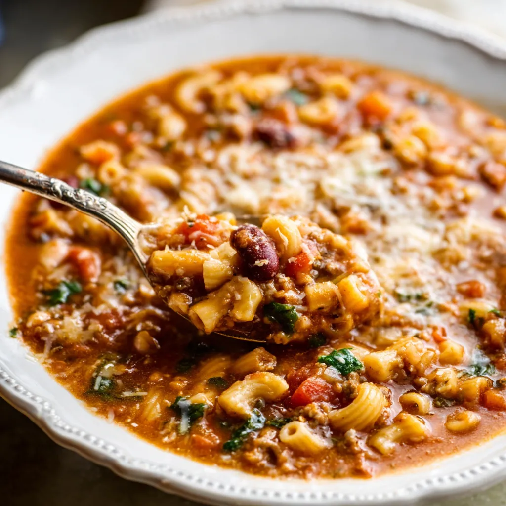 Close-up of a bowl of cozy Olive Garden Pasta e Fagioli soup.