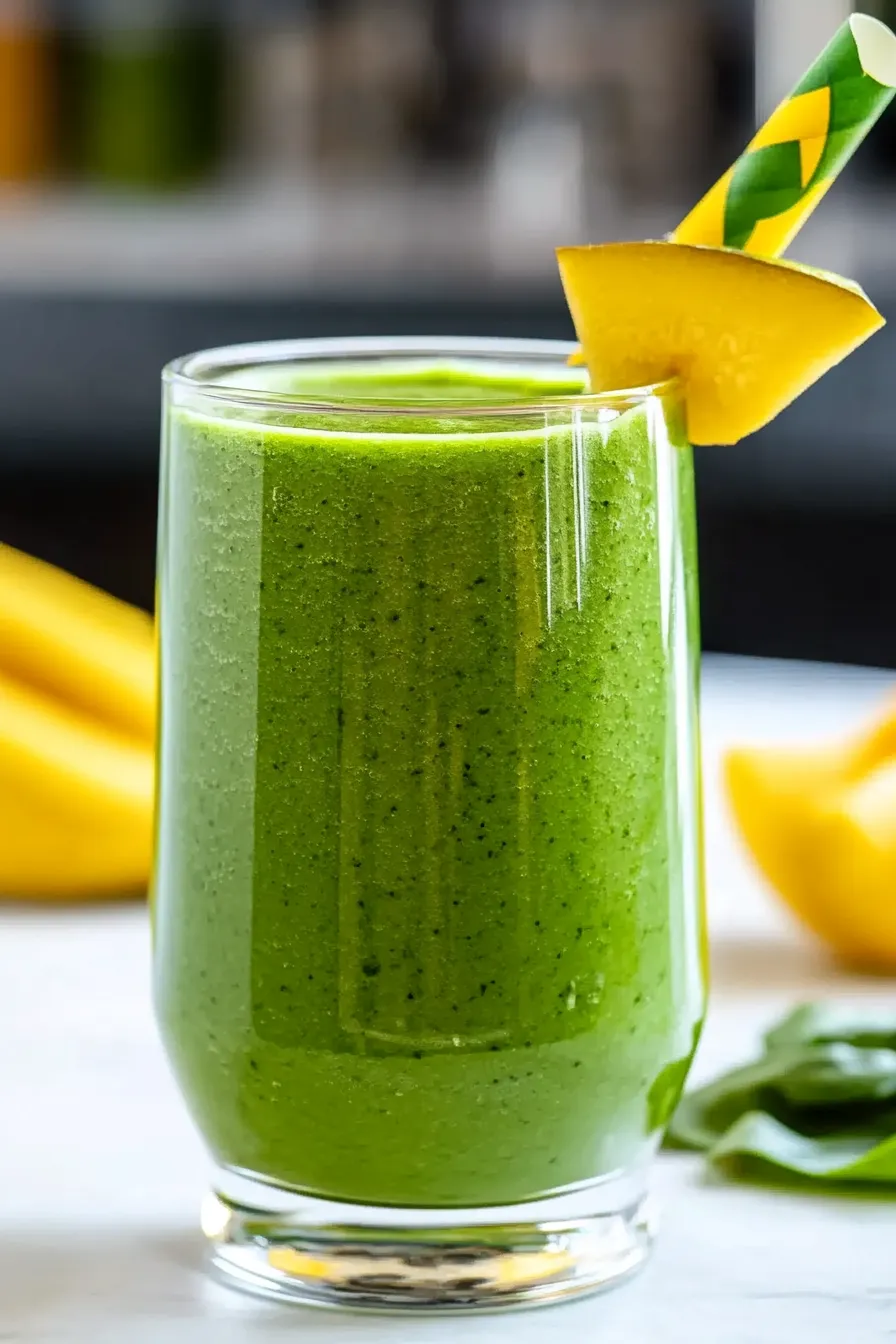 Green spinach smoothie in a glass. Healthy blended drink recipe.