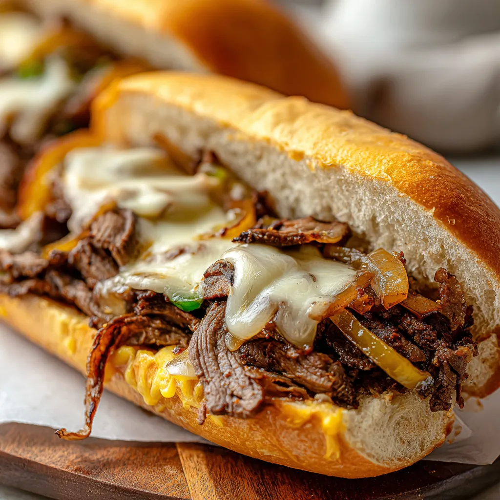 Easy Philly Cheesesteak sandwich. Sliced steak, melted cheese, and onions on a roll.