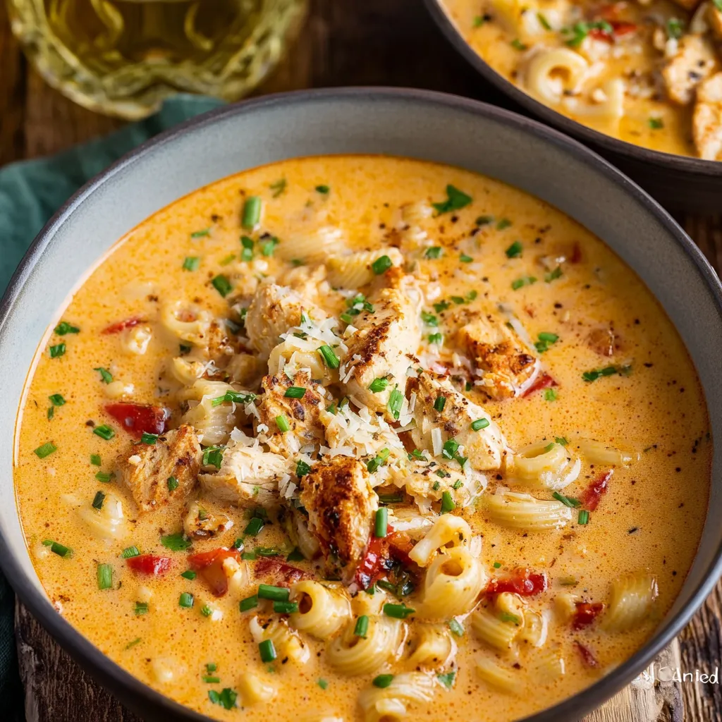 Creamy Cajun chicken pasta soup in a bowl. Delicious, spicy comfort food.