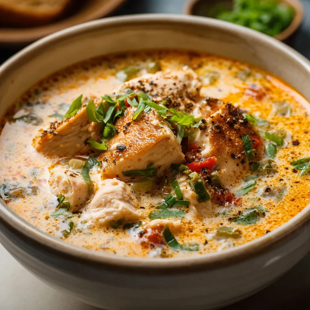 Creamy Cajun chicken soup in a bowl. Spicy, flavorful comfort food.