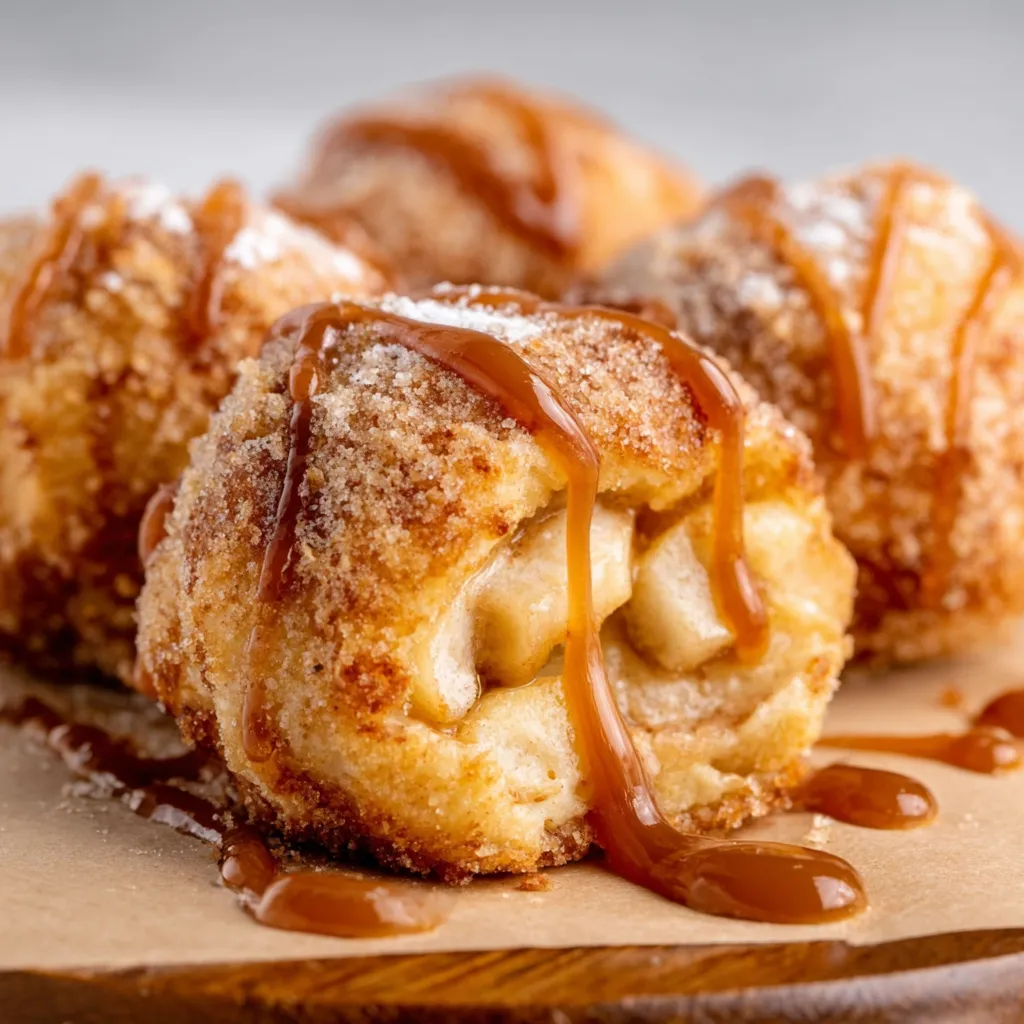 Close-up of golden-brown Caramel Apple Pie Bombs, flaky crust.