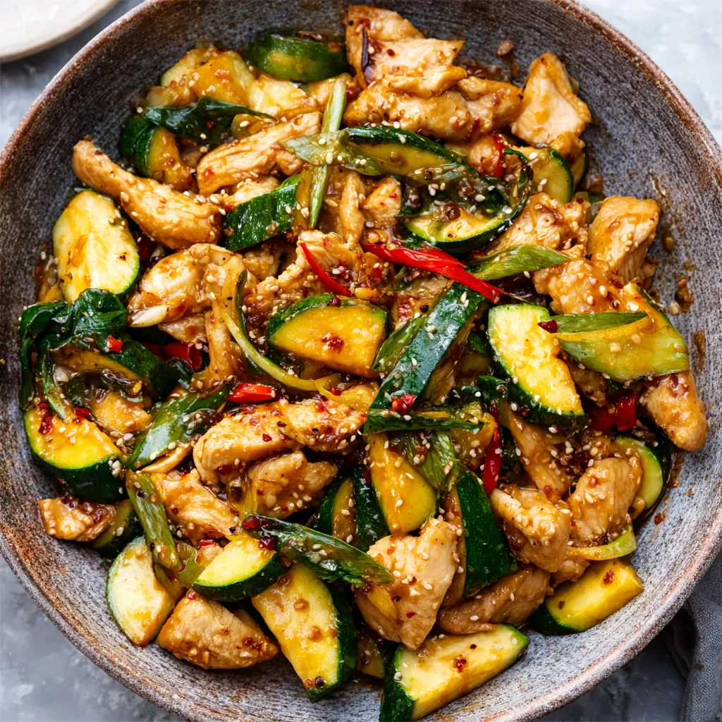 Chicken Zucchini Stir Fry Recipe Chicken zucchini stir fry in a pan. Easy one-pan meal.