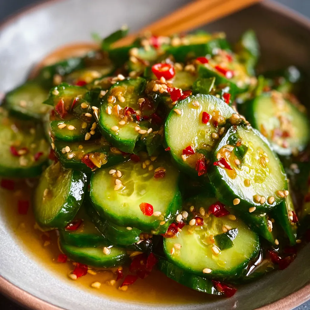 Asian cucumber salad: sliced cucumbers with sesame seeds & dressing.