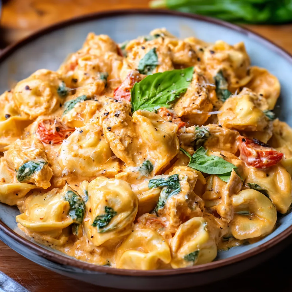 Creamy CrockPot Chicken Tortellini. Easy slow cooker weeknight dinner recipe.