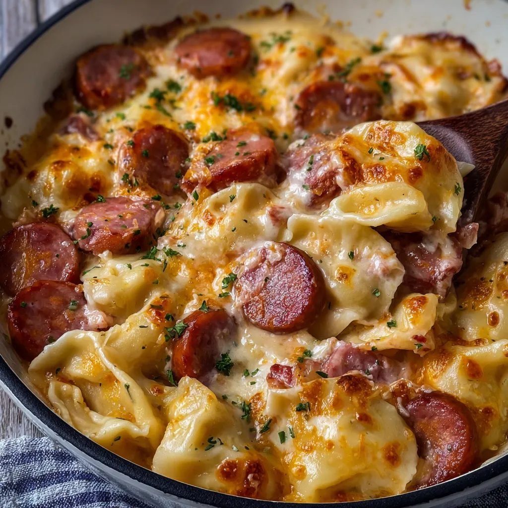 Close-up of creamy crockpot pierogi casserole with kielbasa.