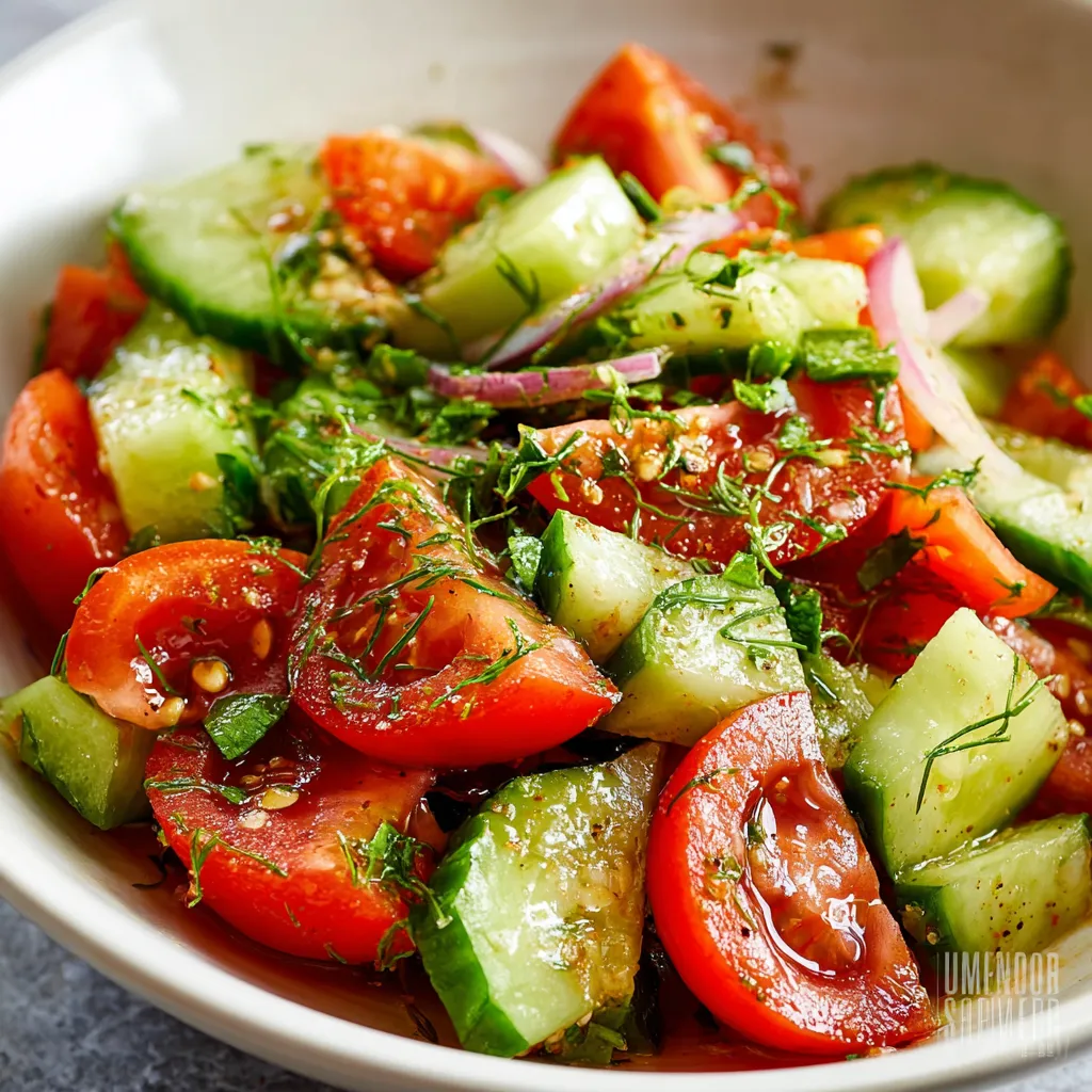 Cucumber tomato salad: fresh summer side dish with red onion and herbs.
