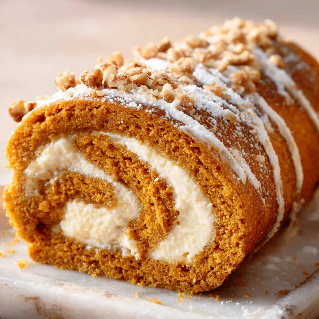 Pumpkin spice cake roll slice with cream cheese filling.