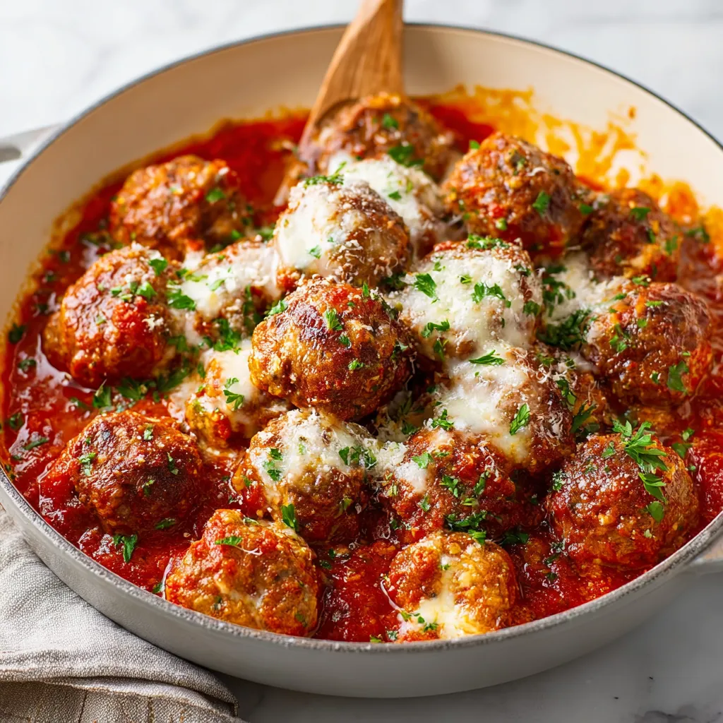 Close-up of juicy ricotta meatballs simmering in tomato sauce.