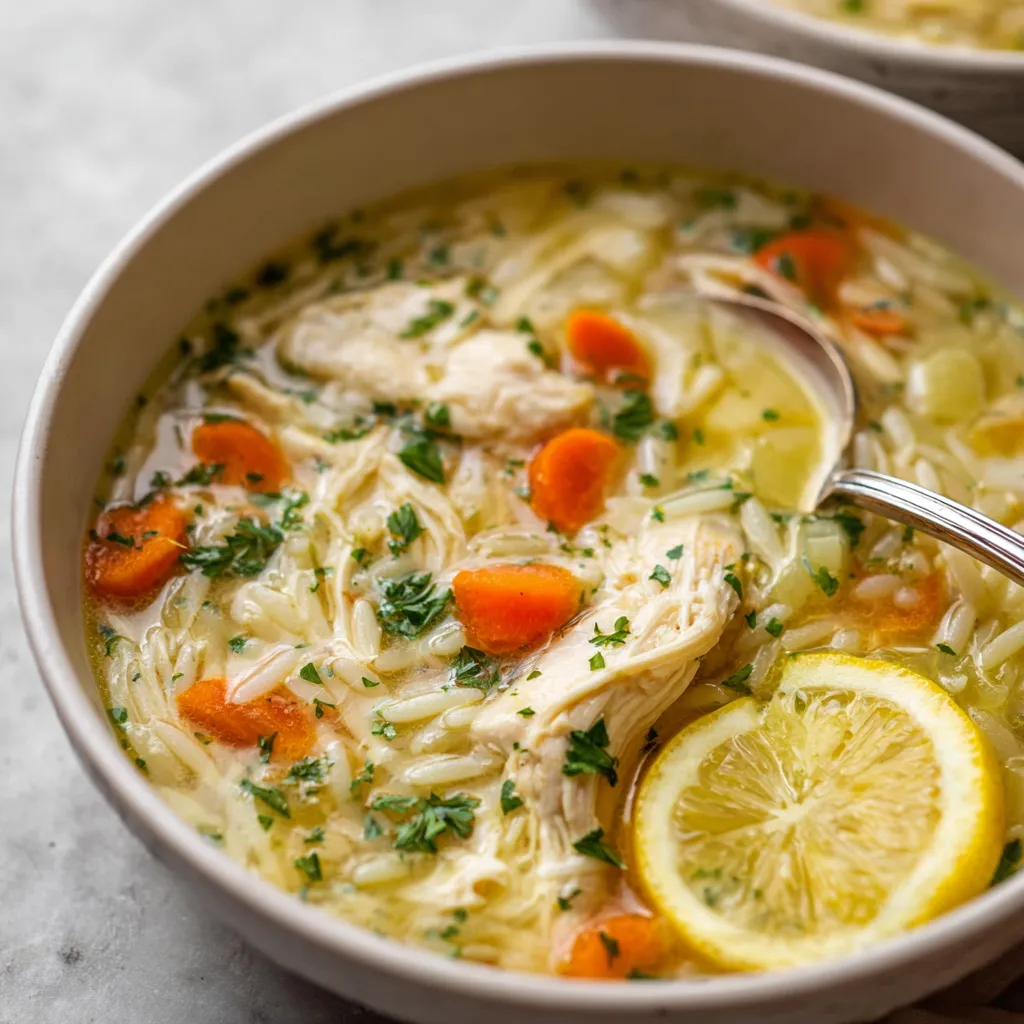 Lemon Chicken Orzo Soup: Close-up of creamy, comforting soup in a bowl.