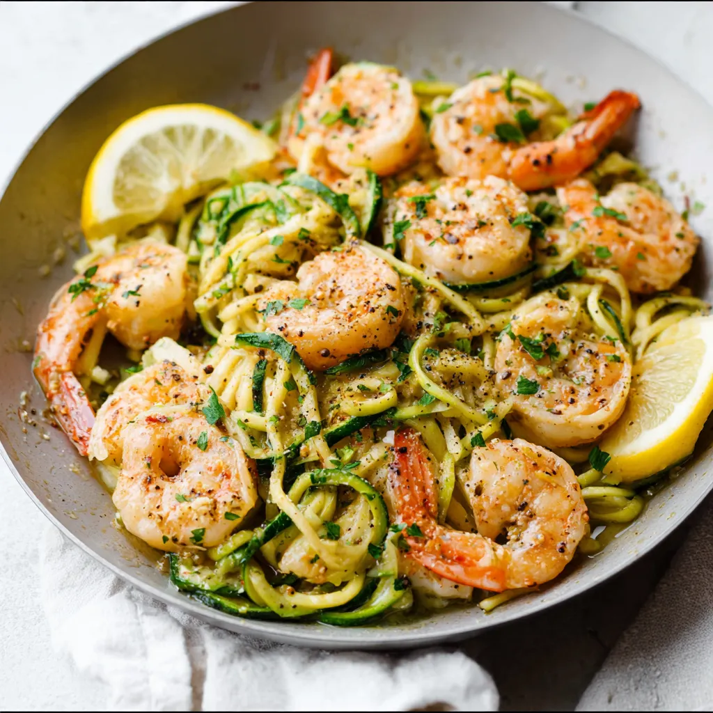 Lemon Garlic Shrimp Zucchini Noodles: Close-up of the delicious dish.