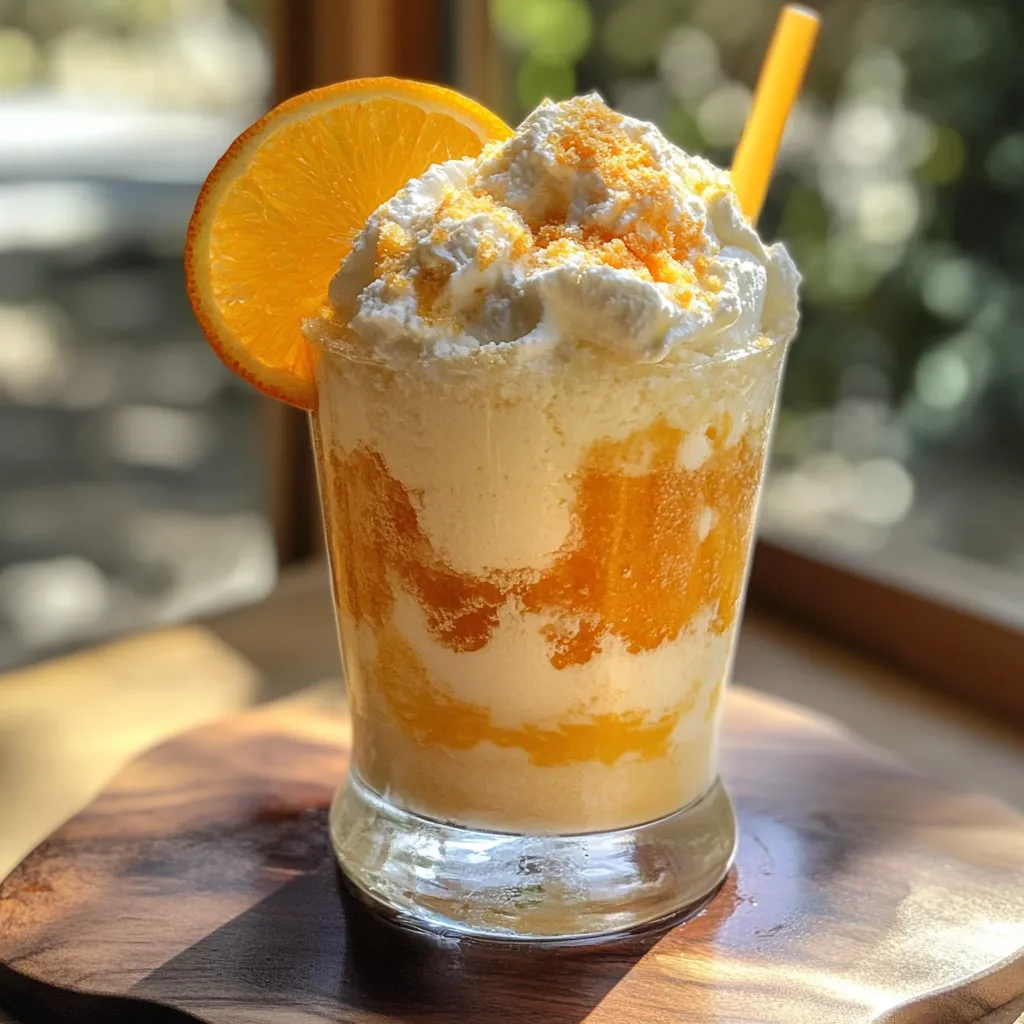 Boozy orange creamsicle float in a glass. Creamy, refreshing cocktail.