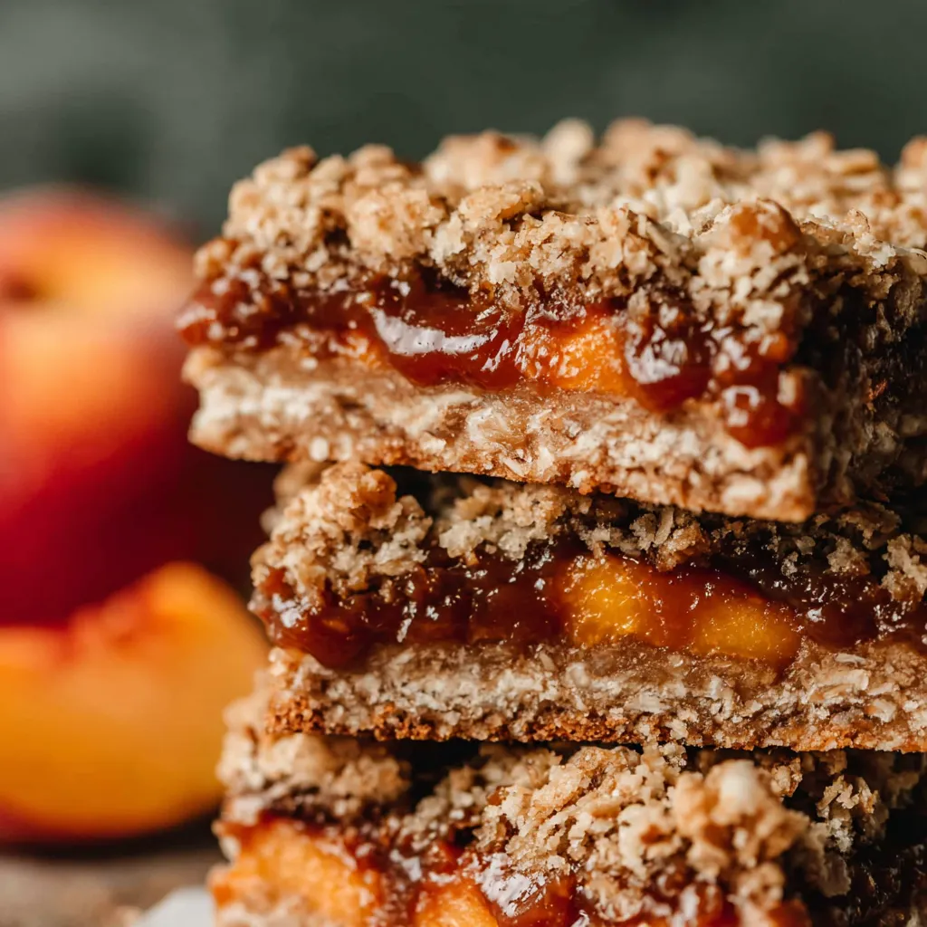 Close-up of homemade summer peach bars, a sweet & easy dessert recipe.