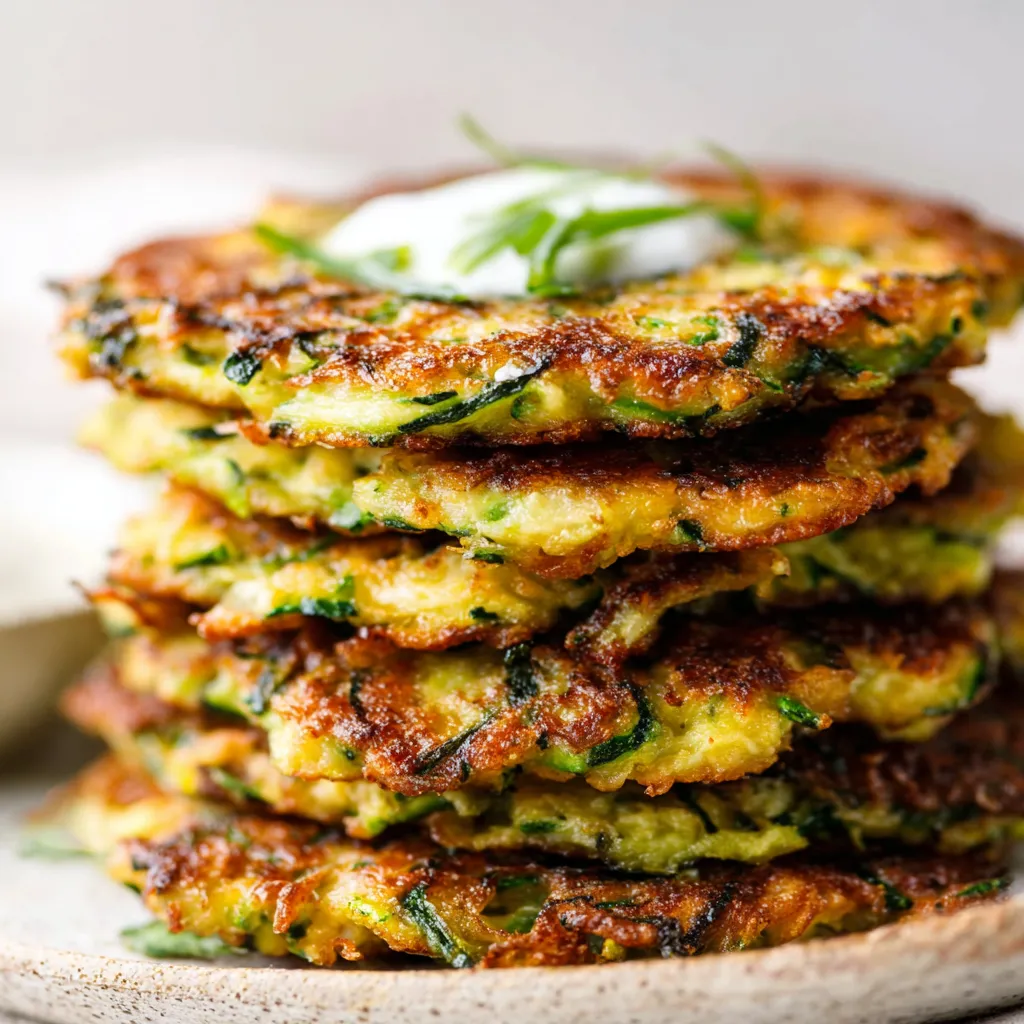 Crispy zucchini fritters recipe: Close-up of golden-brown fried zucchini cakes.