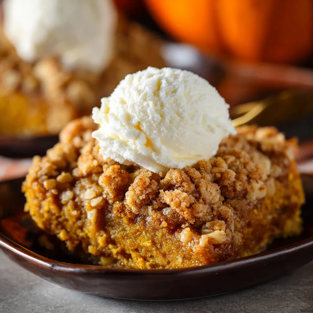 Pumpkin crisp close-up: golden oat topping, creamy pumpkin filling.