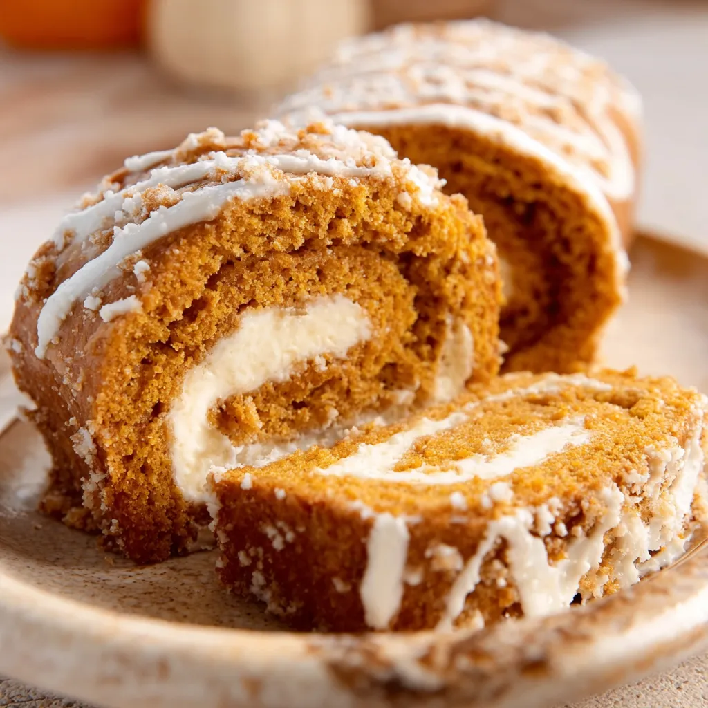 Close-up of a pumpkin spice cake roll slice, showing the cream cheese filling.