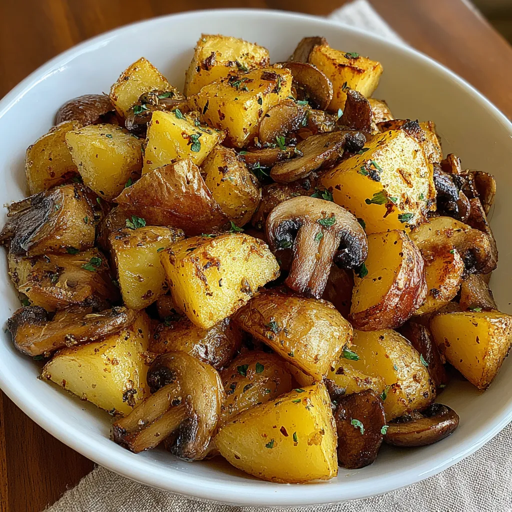 Roasted potatoes and mushrooms, golden brown and crispy.